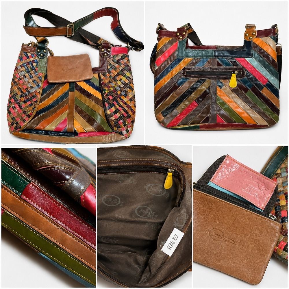 AmeriLeather Rainbow Patchwork Woven Leather Shoulder Bag Medium Multi